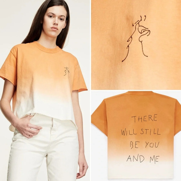 The Kooples Tie Dye Ombré Embroidered Kiss Orange & Ecru Tshirt Sz 2 - Picture 1 of 8